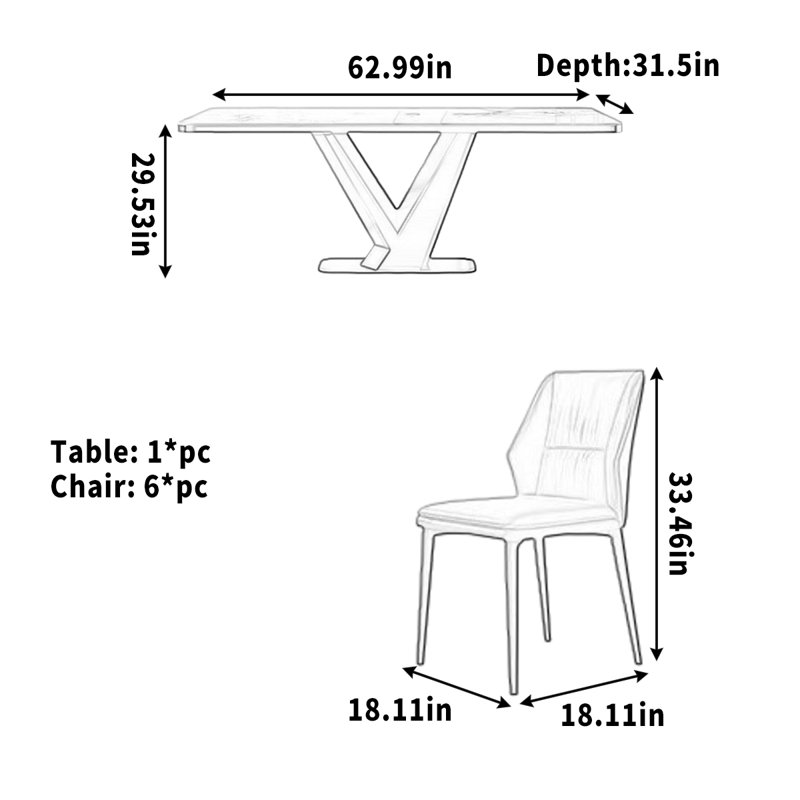 Table de salle à manger rectangulaire, 7 pièces : table, 6 chaises, H 29,53 po x l 62,99 po x P 31,5 po