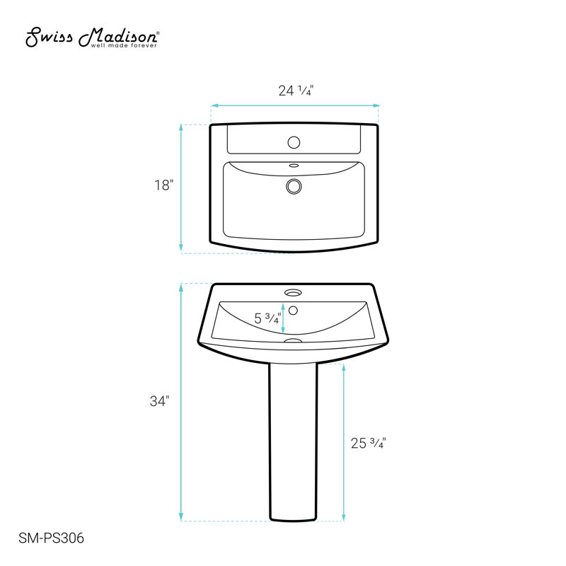 Sublime Two-Piece Glossy White Ceramic Rectangular Pedestal Sink, Chrome