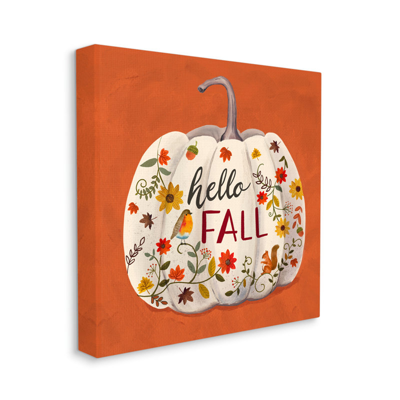 «Hello Fall» à motifs de citrouilles blanches, botaniques, encadré noir, art texturé par Sharon Lee, Toile tendue