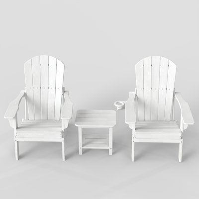 Ensemble de conversation 3 pièces Adirondack en PEHD pour l'extérieur - 2 chaises de patio pliables avec porte-gobelets et table de bout à 2 niveaux, meubles en polyéthylène toutes saisons pour le porche, la cour, la terrasse et la piscine