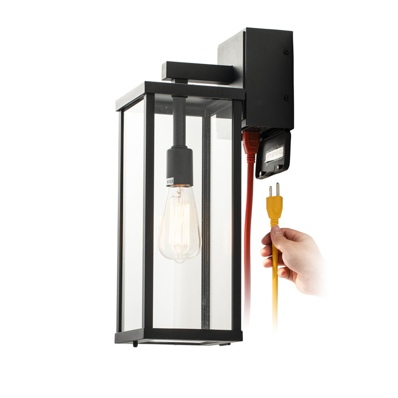 Classic 18'' H 1-Light Outdoor Wall Sconce with Built-in GFCI Outlet, Black Rectangular Metal Frame with Clear Glass Shade, Weatherproof