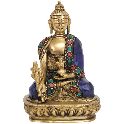 5 Inch Handcrafted Medicine Buddha Brass Statue - Blue Robed Bhaishajyaguru Healing Figurine for Meditation Room, Yoga Studio & Spiritual Home Decor