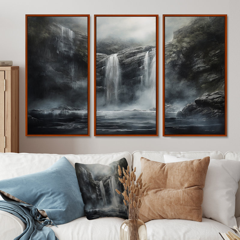 Ensemble de salon Waterfall Cliff Scenery Magic I - Waterfall Wall Art, H 28 po x l 36 po x P 1 po, Cadre flottant brun