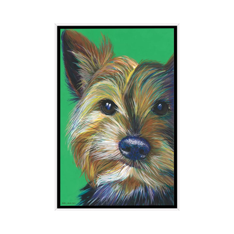 Yorkshire Terrier On Emerald by Kirstin Wood - Painting on Canvas, White Framed, 152.5 cm H x 101.5 cm W