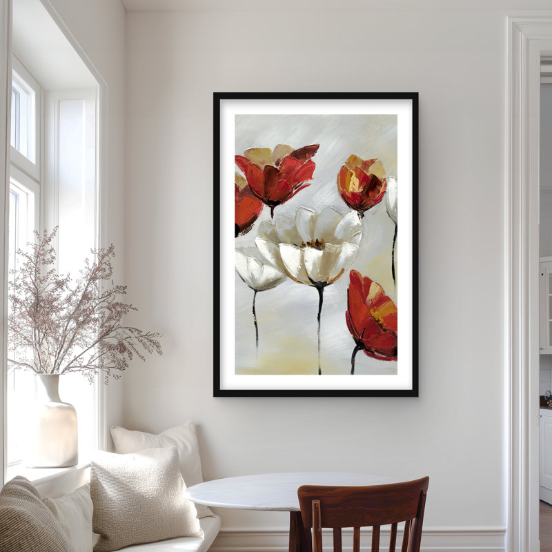 Impression abstraite de fleurs rouges et blanches - Décoration romantique, H 36 po x l 24 po