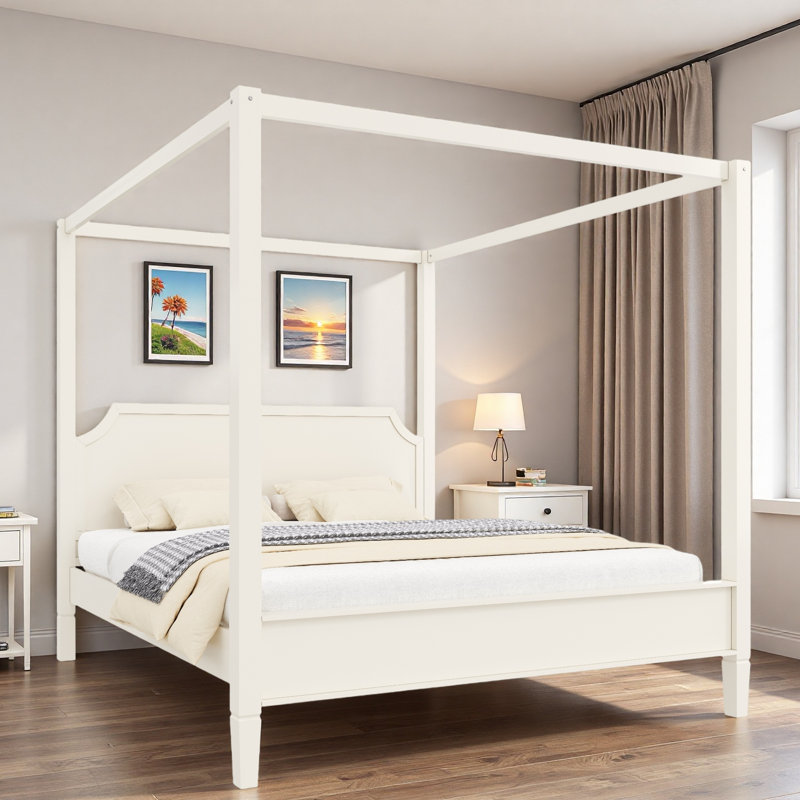 Lit plateforme à baldaquin en bois avec tête de lit élégante et pieds de soutien, Très grand lit, Blanc crémeux