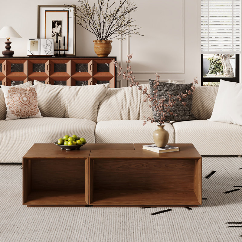 53.2'' Modular Wood Coffee Table- Convertible to Square/Rectangle, Minimalist Side Table with Wood Grain Veneer, Adjustable Configuration, 2 Pieces