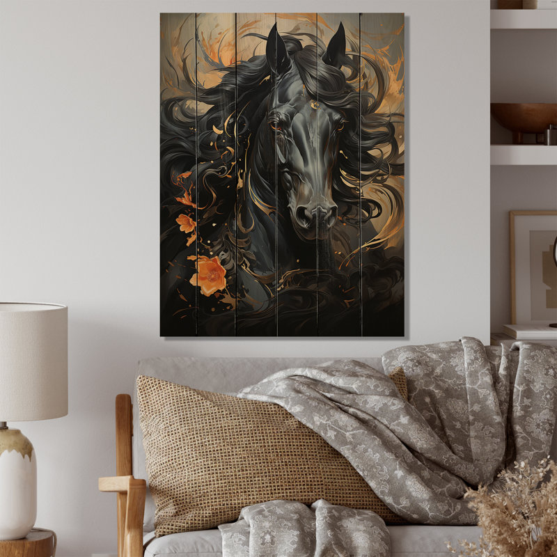 Cheval noir, noir et jaune, cheval et cheval, impression sur bois, H 32 po x l 24 po x P 0,78 po