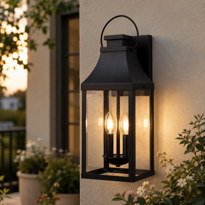 Applique murale extérieure noire à 2 lumières (50 cm de hauteur), étanche, avec verre trempé transparent, idéale pour porche, jardin et terrasse.