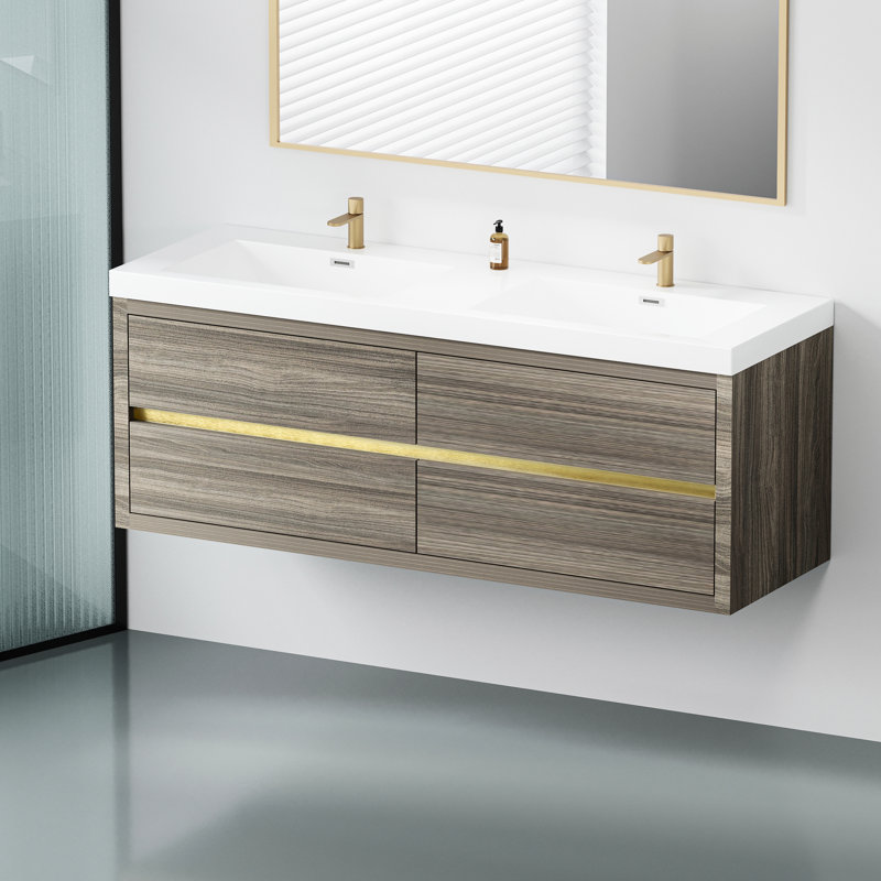 Meuble-lavabo de 60 po avec lavabo double, gris cendré et comptoir en pierre