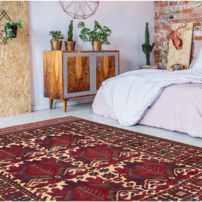 Tapis rouge foncé en laine noué à la main de conception unique 6 pi 1 po x 8 pi 9 po Jmichael