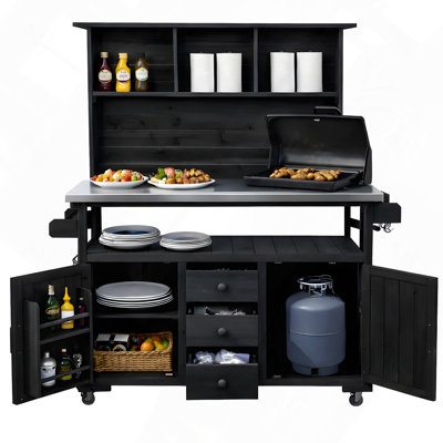 65" H Mobile Garden Potting Bench and Outdoor Kitchen Cart with Stainless Steel Top and Hutch, Black