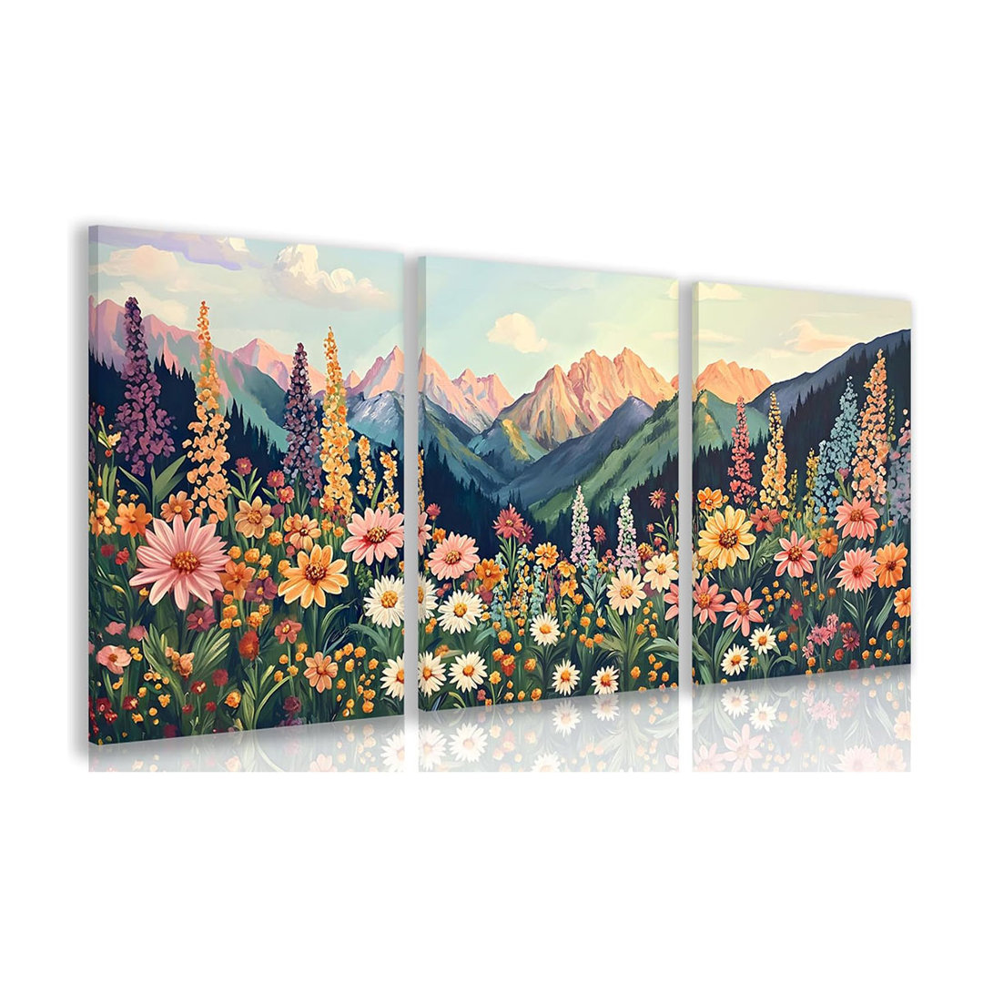 Mount Daisy Wildflower Landscape Wall Art, Colorful Floral Wall Decor, Boho Sunset Landscape Canvas Painting, Bright Botanical Poster Prints For Livin