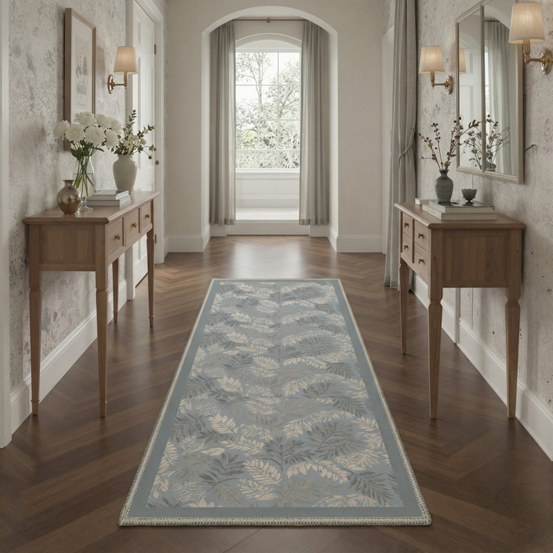 Aethel Tropical Floral Machine Washable Blue / Beige / Grey Indoor Area Rug with Non-Slip Backing, Runner 2' x 6'