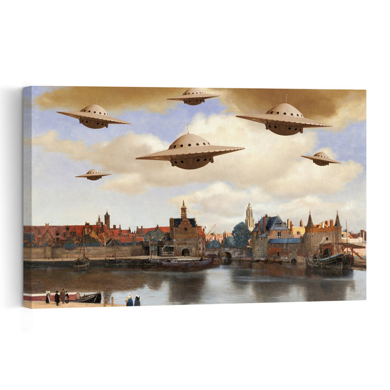 Ufos Over Historic City Classic Retro Surreal City Architecture Wall Art Print by Marja Van Den - Wrapped Canvas Print