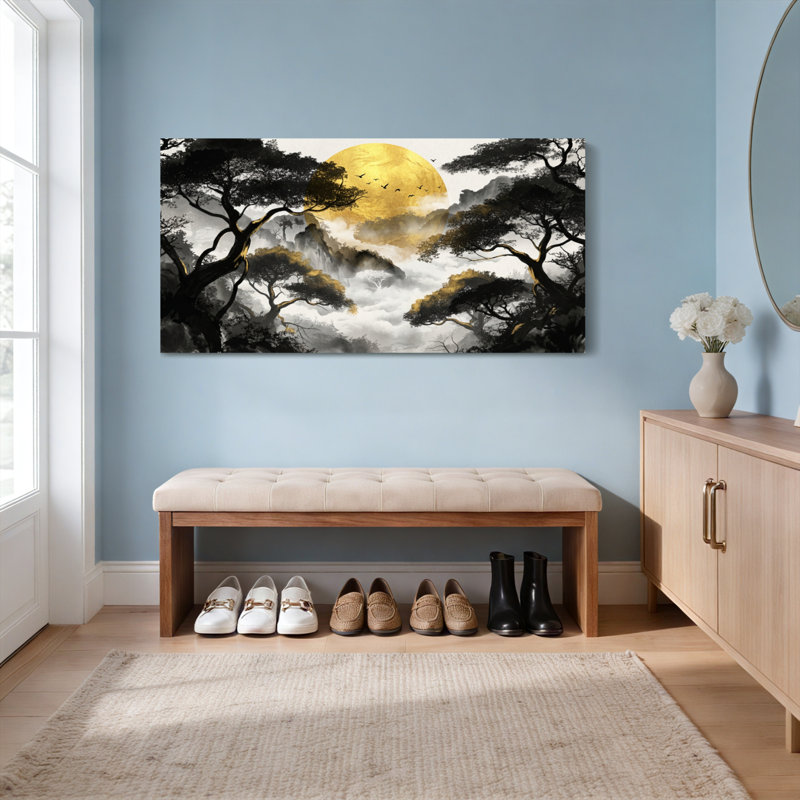 Ensemble d'une toile tendue représentant un paysage avec une lune dorée et des arbres en silhouette, 4824