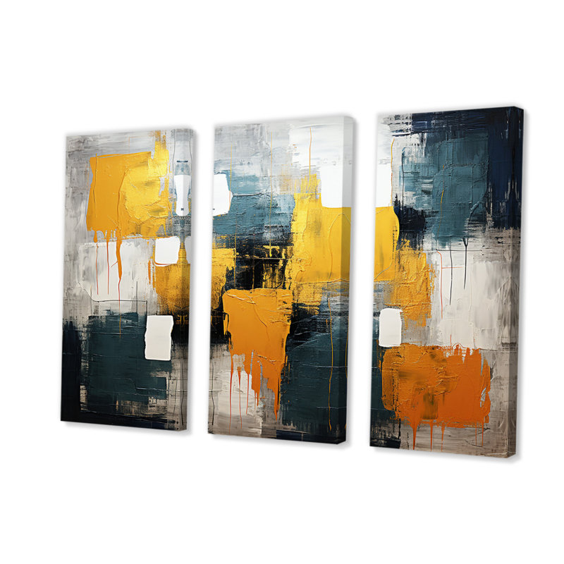 Chinua " Bliss of Happiness in Yellow and Blue VI " 3 Piece Art Mixed Media Print, 32" H x 48" W x 1" D