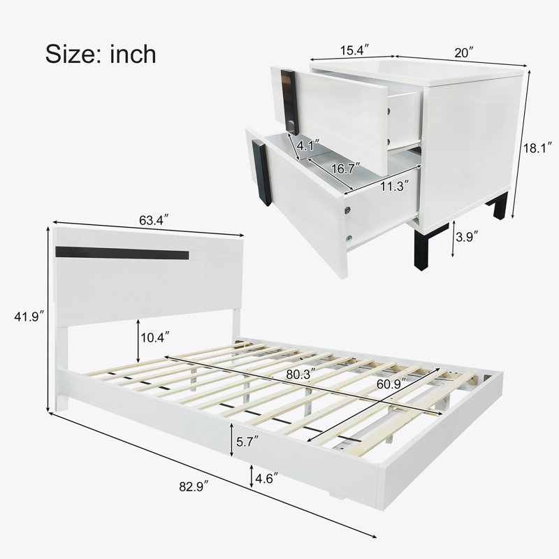 Modern High Gloss 3-Piece Bedroom Set Floating Bed Frame Queen Size Platform Bed with LED Light & 2 Nightstands