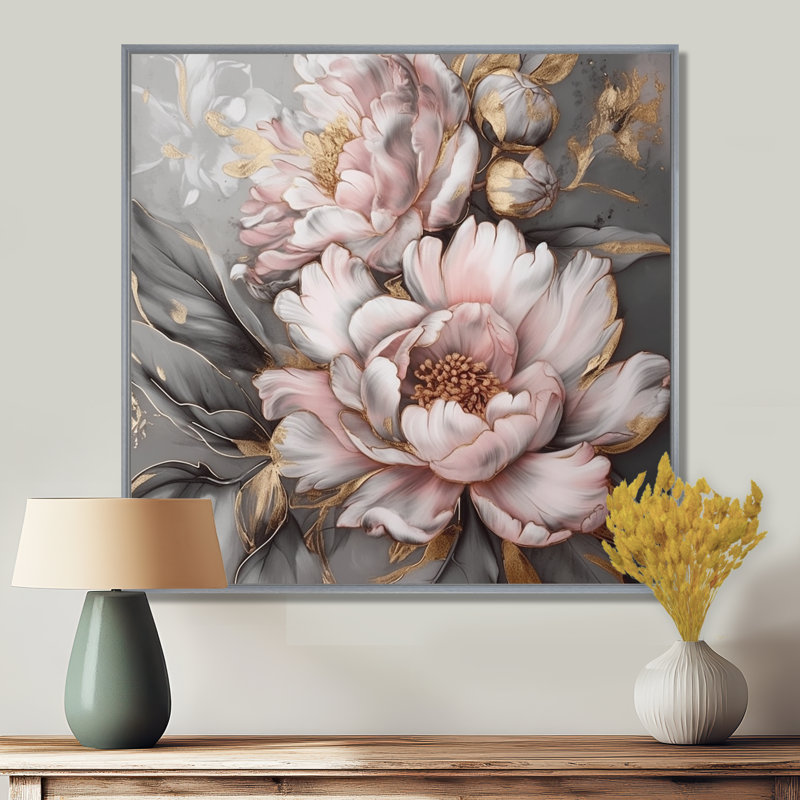 Rose et gris pivoines élégantes I - pivoines, art mural encadré, H 36 po x l 36 po, Encadrement argenté