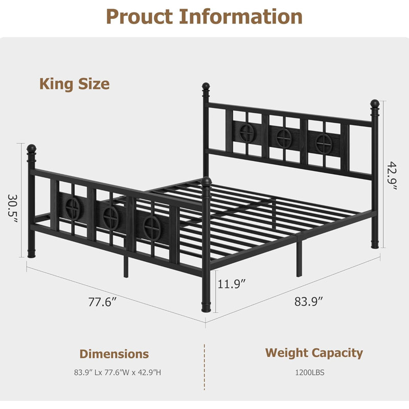 Oriental Vintage Style Metal Platform Bed, Black/King (U.S. Standard)
