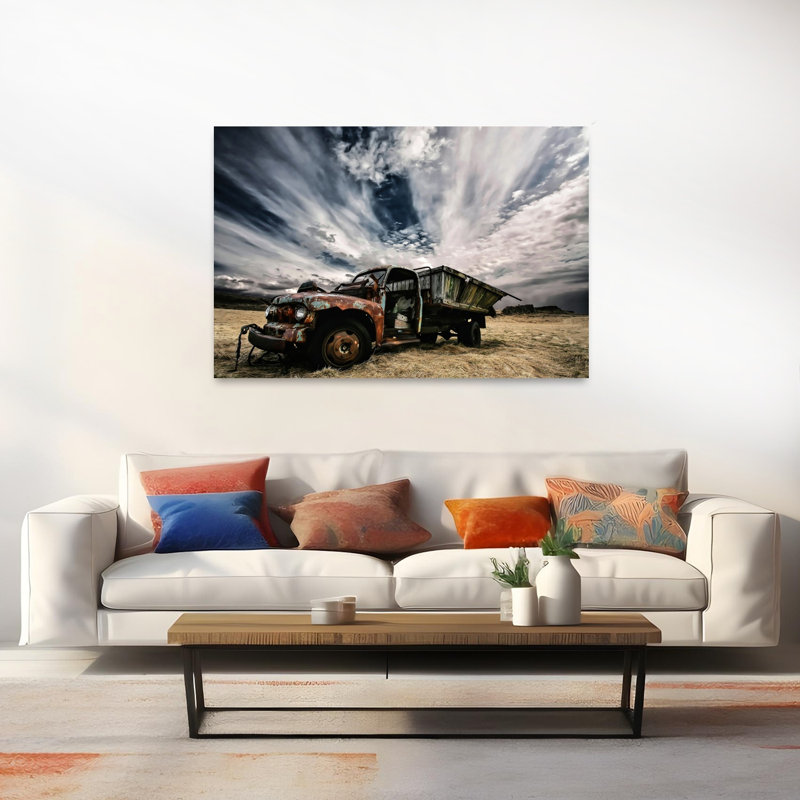 Camion rouillé sous le ciel, paysage rustique classique et dramatique, affiche murale nature, 40" H x 60" W