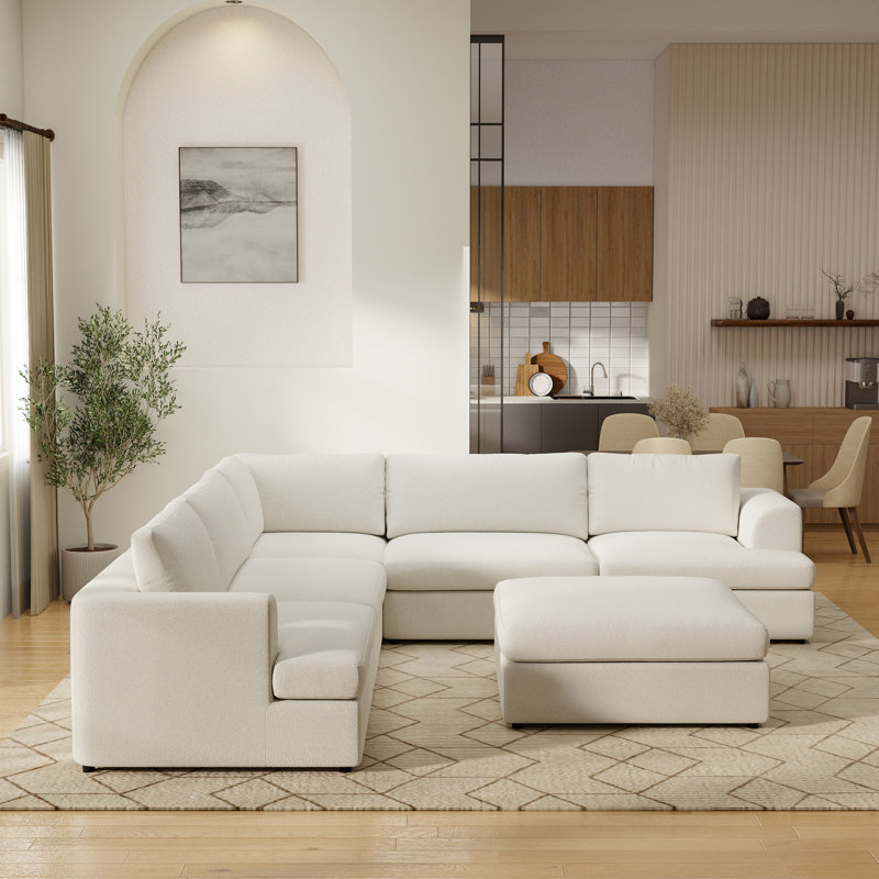 Canapé modulaire rembourré 6 pièces avec repose-pieds Akshata, Tissu blanc