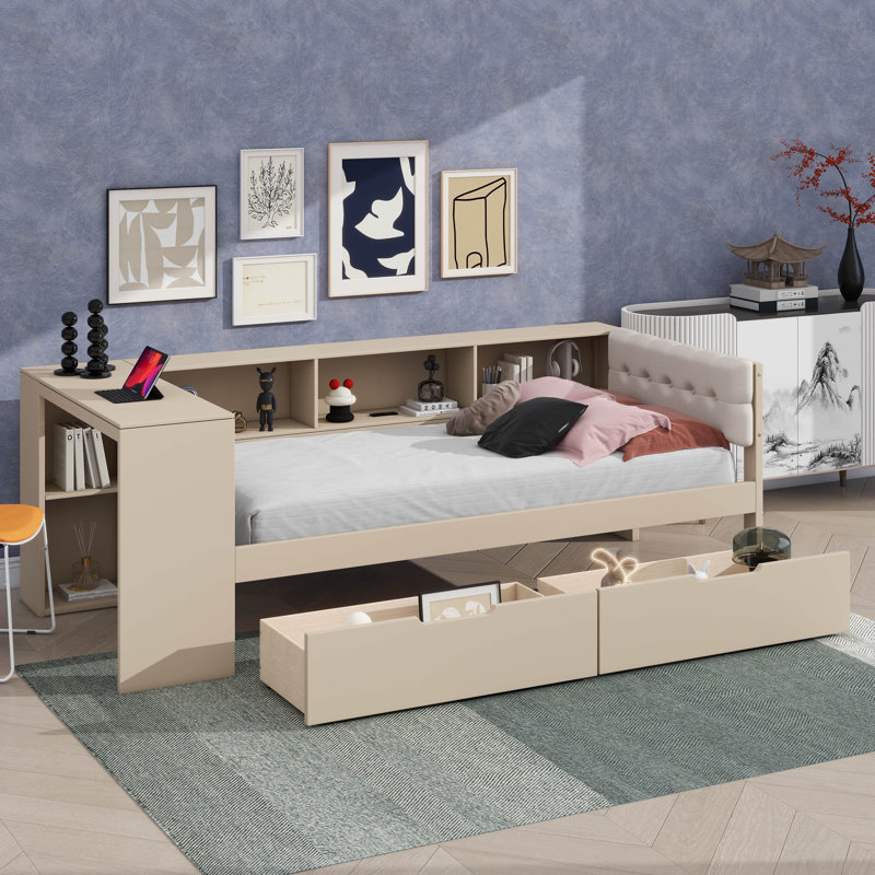Lit plateforme simple avec tablettes, tiroirs, port de charge et tête de lit recouverte de tissu, Crème, crème