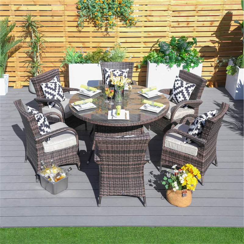 Brown 7-Piece Wicker Patio Dining Set with Round Table and Cushioned Seating, Brown/Beige