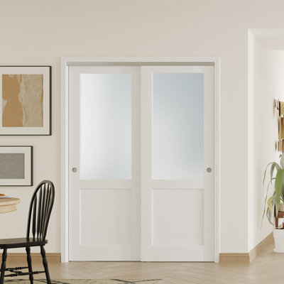 2 MDF Interior Slab Doors with Aluminium Hardware Bypass Sliding Door Half Lite Frosted Glass Design