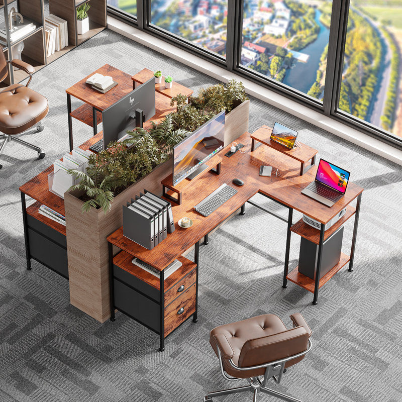 66 in. L-Shaped Computer Desk with 2 Monitor Stand, Power Outlet, Cabinet Gaming Desk Metal Base with Drawers Writing desk for Home Office