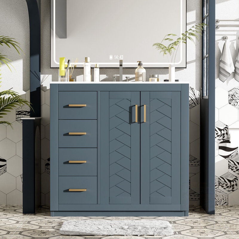 Meuble-lavabo de salle de bain avec lavabo en céramique, 3 tiroirs et portes à fermeture douce, Bleu