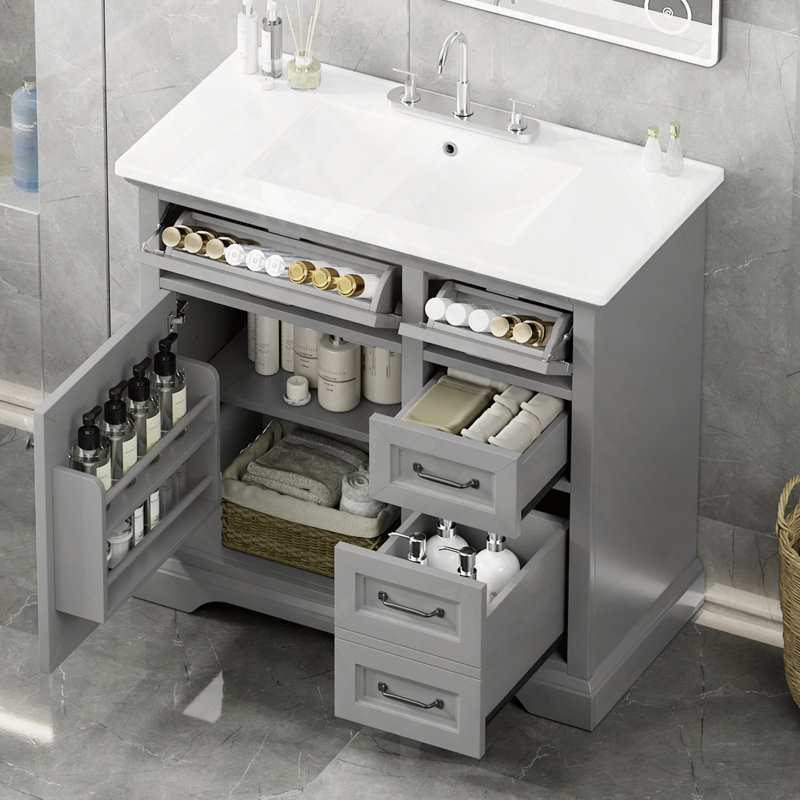Meuble-lavabo de salle de bain avec lavabo en céramique à deux tiroirs et charnières à fermeture en douceur, Gris clair