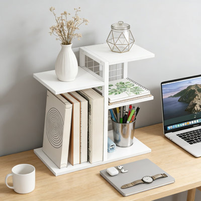 Organisateur de bureau, tablette de bureau en bois à 4 niveaux avec dos en grille métallique, support de rangement de table pour fournitures de bureau, livres et décoration, conception peu encombrante pour la maison et le bureau