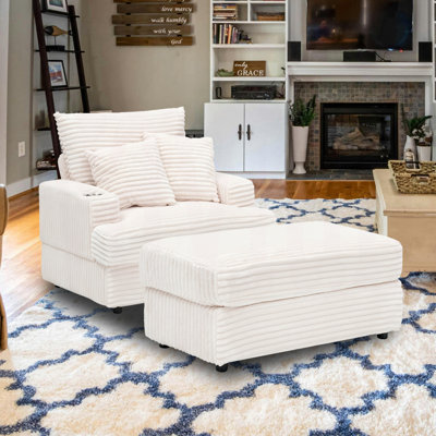 Katrein 39" Wide Corduroy Upholstered Chaise Lounge with Cup Holder,Movable Ottoman by Latitude Run