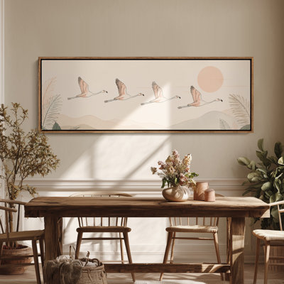 Grande toile murale encadrée, décor de paysage côtier minimal de grues volantes - 60 po x 20 po, 60 po x 30 po