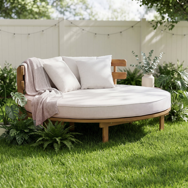 Lit de jour d'extérieur rond en bois d'acacia, chaise longue avec dossier à lattes incurvé, coussin et 4 coussins pour la cour, la piscine, beige