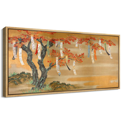 Érable japonais avec des papiers de prières suspendus, décoration murale nature orientale