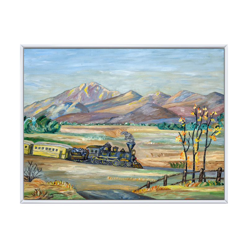 " Train Moving Through The Countryside ", 16" H x 32" W x 1" D, White Floater Framed