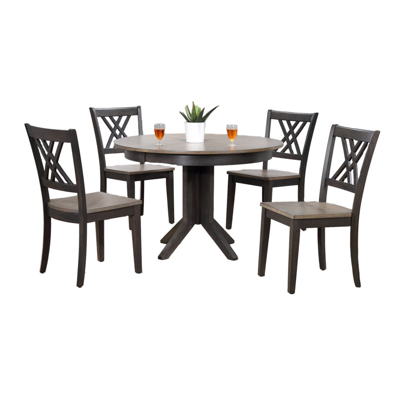 Fretwell 5 - Piece Extendable Round Solid Wood Dining Set, Gray Stone/Black Stone