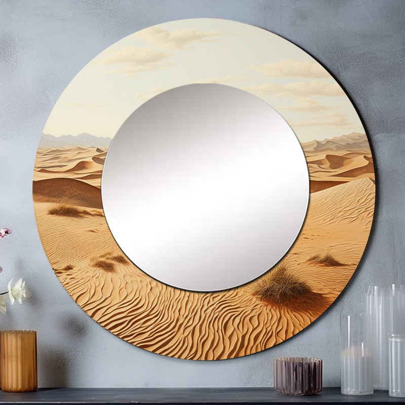 Desert Sand Serenity Pointillism I - miroir mural unique désert, miroir rond beige, impression d'art en métal, 23 po x 23 po