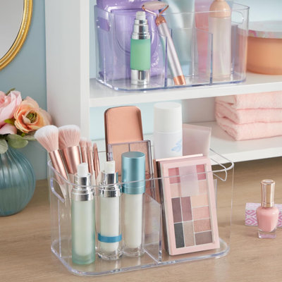 Organisateur de rangement à 5 compartiments pour cosmétiques en plastique, ensemble de 2 corbeilles de maquillage rectangulaires transparentes et panier de coiffeuse avec poignées passantes