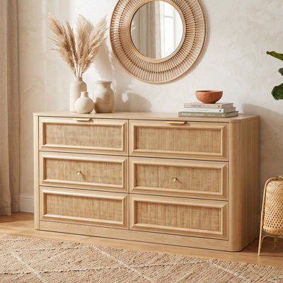 Commode à 6 tiroirs en rotin 55 po, commode en bois Boho avec façades de tiroirs tissées