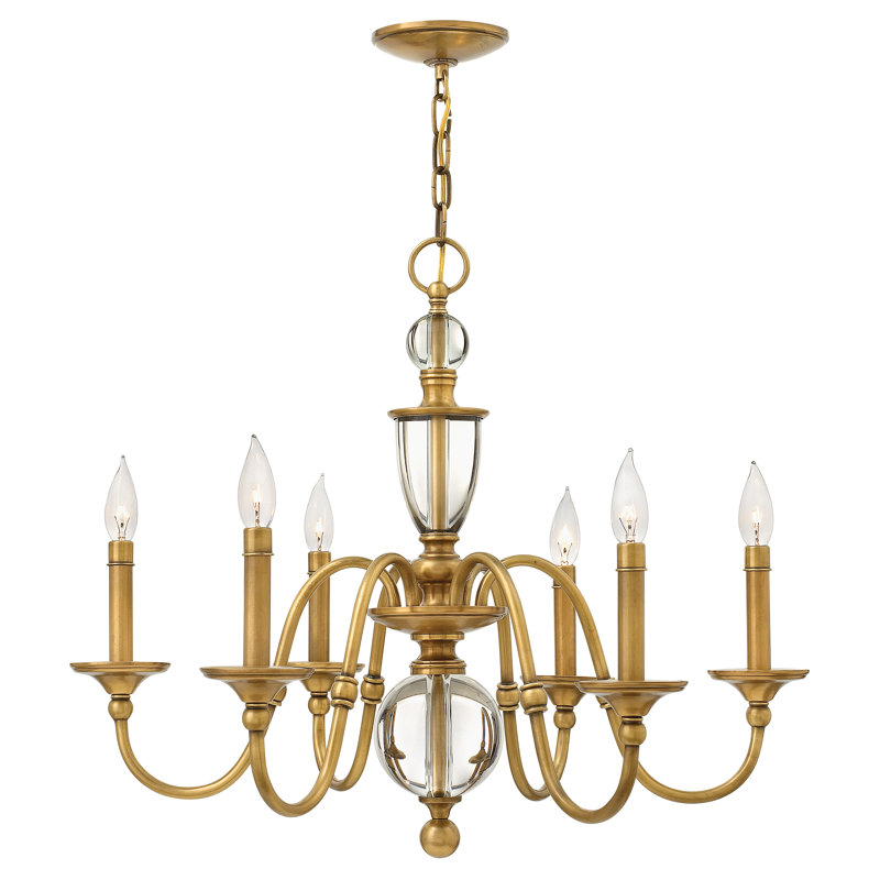 Eleanor 6 - Light Candle Style Classic Chandelier with Crystal Accents, Brass