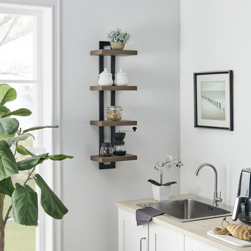 Monya 4-Tier Ladder Bracket Floating Wall Shelves, Walnut