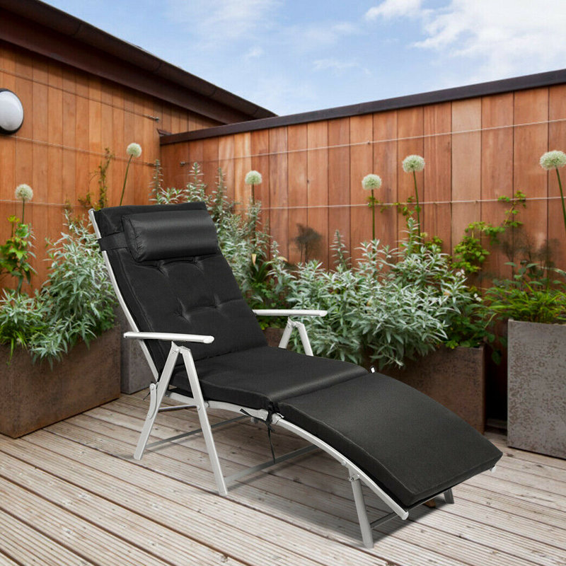 Amrom Outdoor Metal Chaise Lounge , Cushion Included, Black, Black, White
