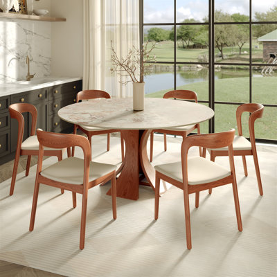 3/5/7 Pcs Mid-Century Sintered Stone Round Dining Table Sets With Comfort Pu Leather Kitchen Chairs For 2-6