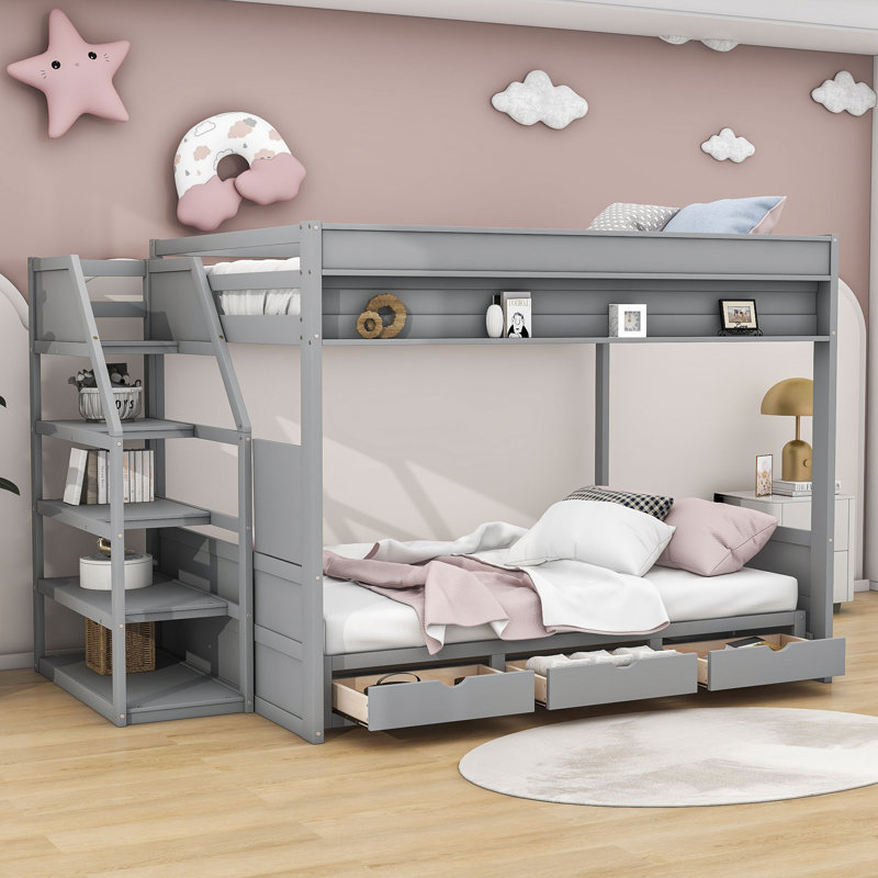 Orkin Full Over Full Size Wood Bunk Bed with Staircase,Table and 3 Drawers, Gray