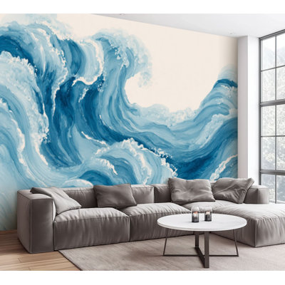 Wall Mural Peel and Stick Wallpaper Seamless Watercolor Blue Ocean Waves Splashes Self-Adhesive Removable Contact Paper Wall Decor for Living Room Bedroom 100"H x 144"W