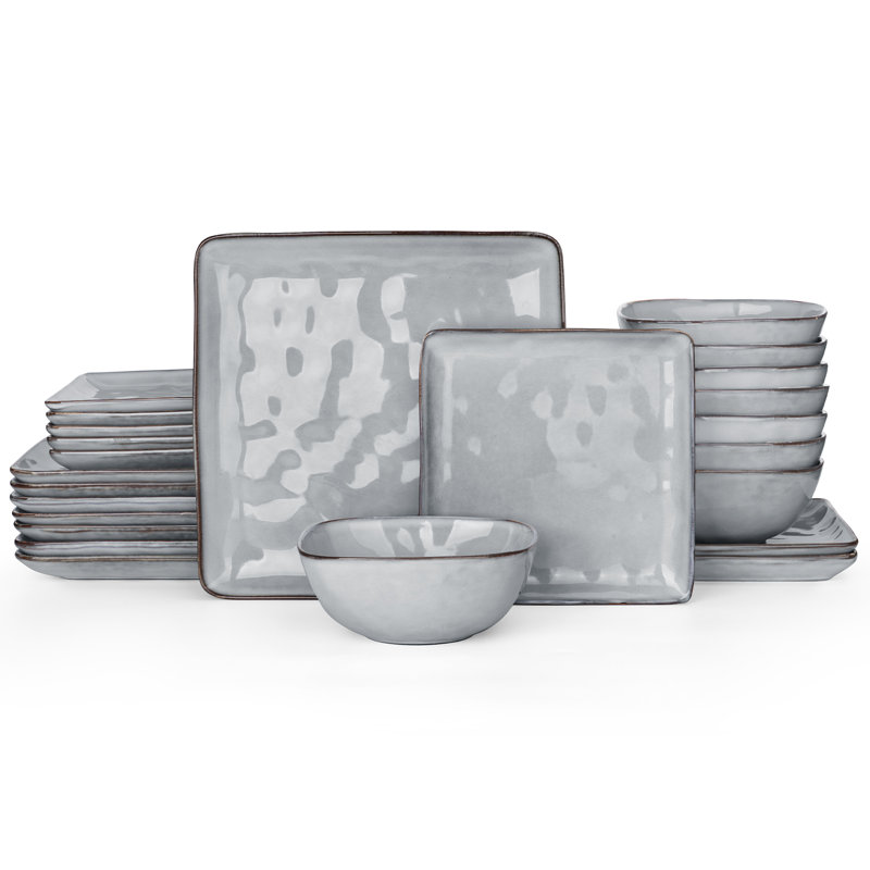 Stoneware Dinnerware Sets, 24-Piece Dish Set, Gray