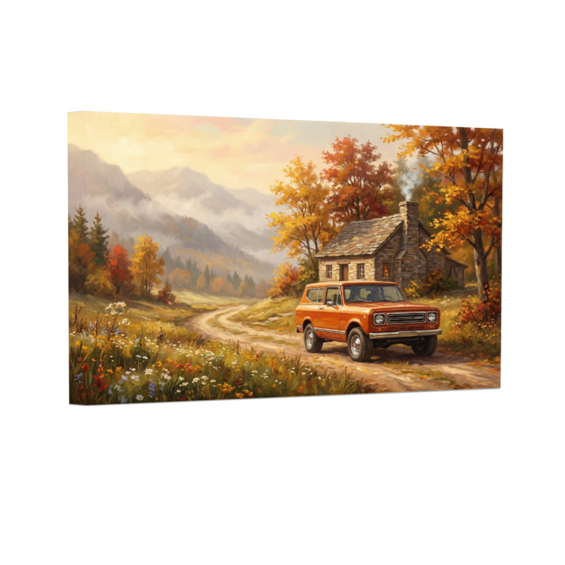 Plantes et fleurs, paysage d'automne avec camion orange et chalet, 24” H x 36” W